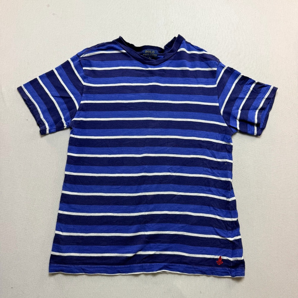Polo Ralph Lauren T-Shirt Kids Size M 10-12 Blue Striped Excellent Anchor Logo